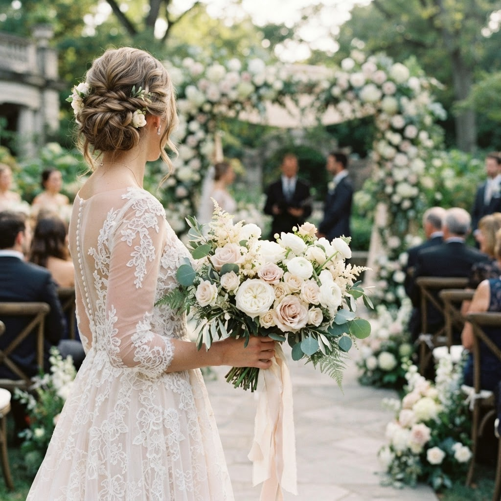 Buquê de noiva com rosas brancas e decoração floral de casamento da Sulcesso Flores em Florianópolis