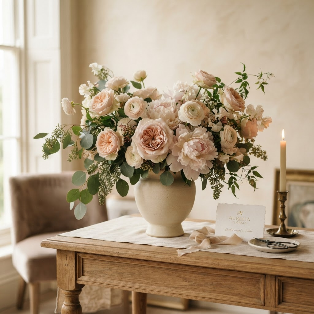Arranjo elegante de rosas e peônias da Sulcesso Flores